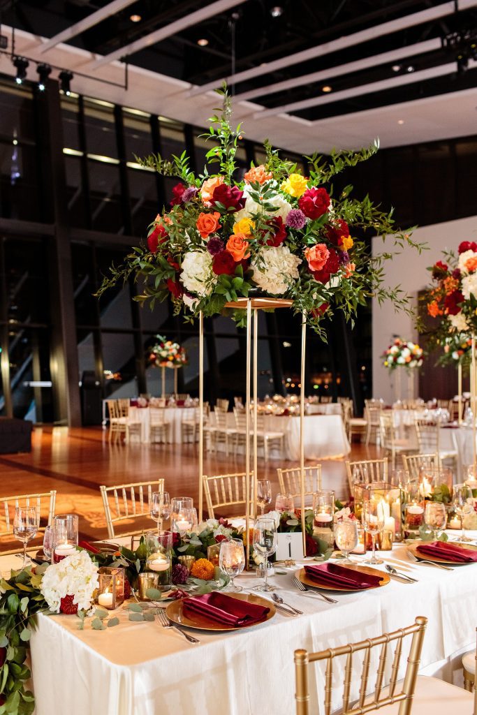 Country Music Hall of Fame, tall centerpieces, maroon, yellow, orange, Elliott Events