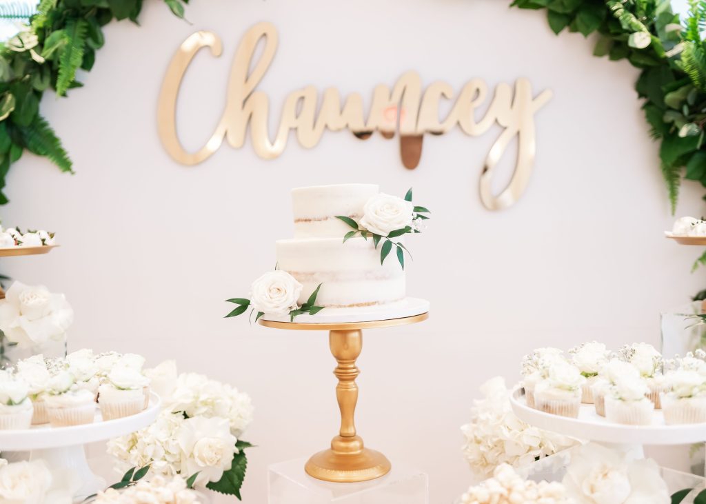 Noelle Hotel Nashville, dessert bar, cake, cupcakes, gold name sign, custom name sign, greenery arch, white, green, roses, Elliott Events