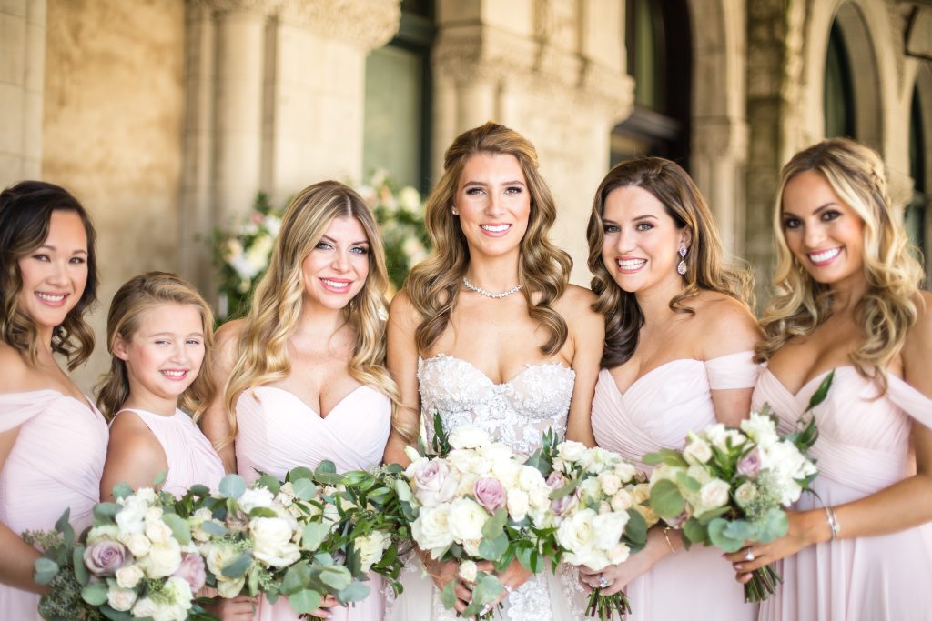 Christ Church Cathedral, bride, bridesmaids, pink bridesmaid dresses, bouquets, white, blush, pink, Elliott Events