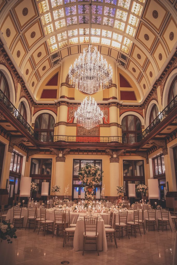 Union Station, tall centerpiece, white, pink, blush, Elliott Events