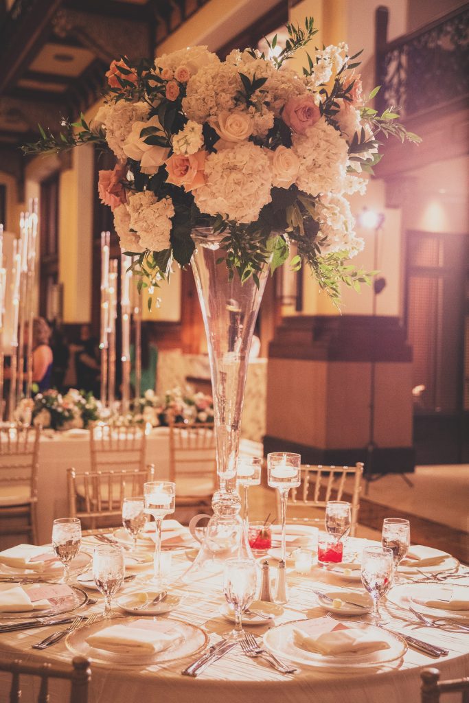 Union Station, tall centerpiece, white, blush, pink, Elliott Events