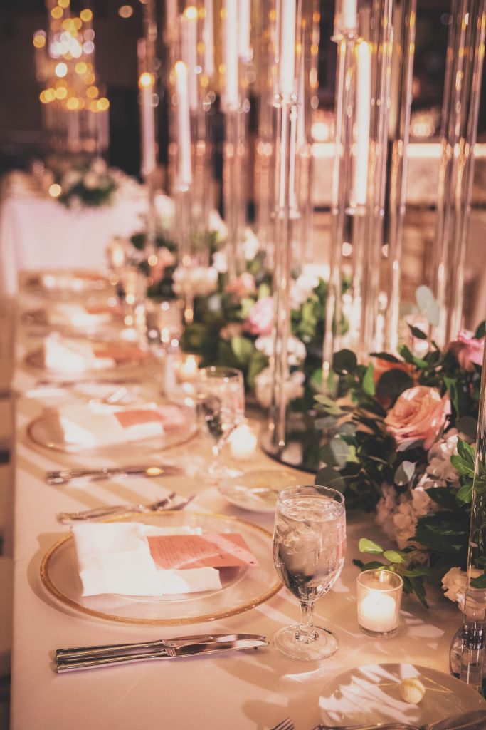 Union Station, candelabras, long centerpieces, florals, blush, white, pink, Elliott Events